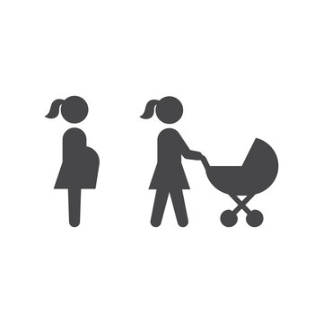 Pregnant woman and mother with pram or stroller. Black vector icon set.