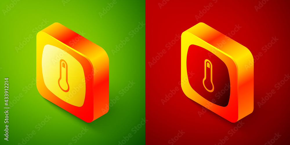 Poster isometric thermostat icon isolated on green and red background. temperature control. square button. 