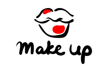 Graffiti lips in the form of a kiss with strokes of red lipstick and the inscription Make up. Vector illustration icon and symbol for logo, t-shirt design, textile, for makeup artist.
