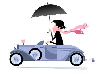 Pretty woman drives car illustration. 
Elegant young woman with a long pink scarf round her neck and umbrella drives a cabriolet isolated on white
