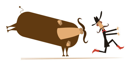 Farmer or cowboy and angry bull illustration. 
Frightened farmer or cowboy runs away from the angry bull isolated on white
