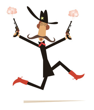 Comic man with guns in the hands illustration.
Running cowboy in the big hat fires the pistols isolated on white
