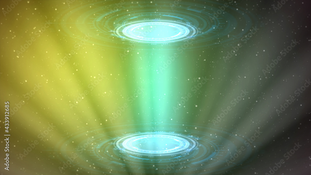Poster bright hi-tech background of two hud circles, cyberpunk teleport concept - abstract 3d rendering