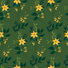 Seamless floral pattern with large flowers of lily, yellow lily of the valley and various foliage. Juicy summer illustration. Vector.