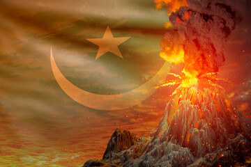 conical volcano blast eruption at night with explosion on Mauritania flag background, suffer from natural disaster and volcanic ash conceptual 3D illustration of nature