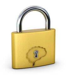 Engraved brain shape on a golden lock. Safety concept. 3d illustration.
