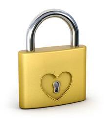 Engraved heart shape on a golden lock. Safety concept. 3d illustration.