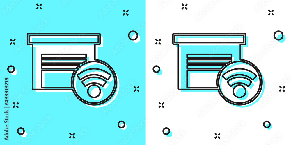 Poster black line smart garage icon isolated on green and white background. random dynamic shapes. vector
