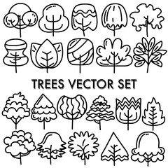 Cute black line trees vector doodle set with white background 