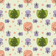 Cute pink, purple and green trees seamless pattern with pink dot and soft color background