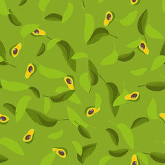 Naklejka na ściany i meble Avocado with leaves, seamless pattern. Tropical, exotic fruits. A green, yellow, ripe, half, vegan plant for breakfast, diet, nutrition. Endless repeating avocado green background.Vector illustration.