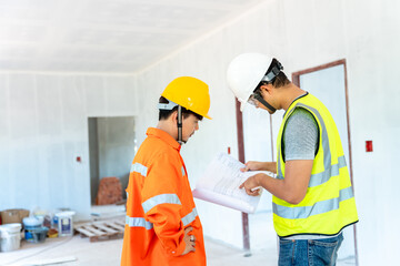 Asian architect and engineer fiving instructions to his foreman on clipboard working at...