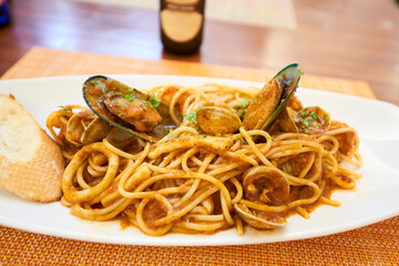 Seafood pasta with mussels and clams