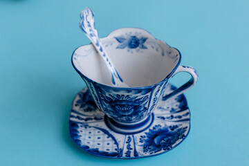 Gift set of blue porcelain with patterns on a nautical background