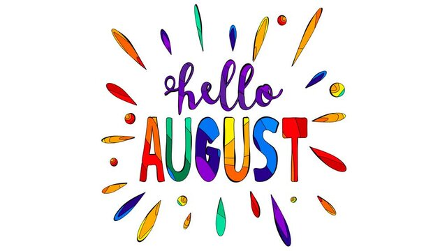 Hello August. Multicolored bright funny cartoon tremble inscription, sun, palm. Liquid effect. Alpha channel. Hello August for 4K video, advertising, news, blogs, screensavers.