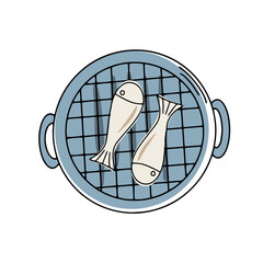 Hand drawn doodle barbecue grill isolated on white background. For the design of the menu of cafes and restaurants, showcases related to the theme of grilled dishes. © Katisko