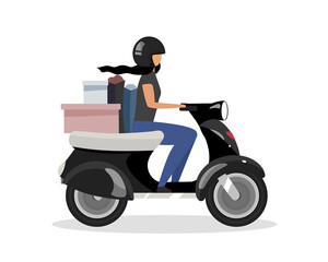 Driving scooter with goods bunch flat color vector faceless character. Motor-scooter road trip. Woman riding moped isolated cartoon illustration for web graphic design and animation