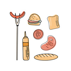 Barbecue grill hand drawn elements set isolated on white background. For the design of the menu of cafes and restaurants, shop windows related to the theme of grilled food. © Katisko