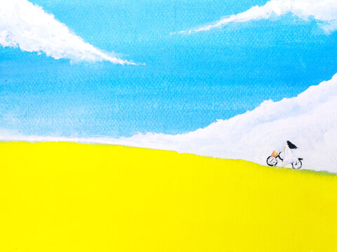 watercolor painting landscape girl bicycle through meadow in summer.