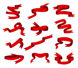 Different retro ribbons set. Icons collection on white background. Curved textile symbols. Flat vector isolated banners