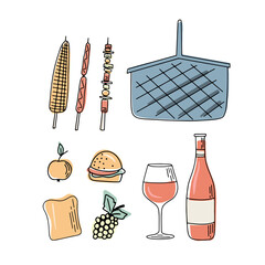 Barbecue grill hand drawn elements set isolated on white background. For the design of the menu of cafes and restaurants, shop windows related to the theme of grilled food. © Katisko