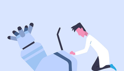 Scientist laboratory. Male in lab concept who making research. People in white coat, technical researcher with laboratory equipment. Concept design of specialists working