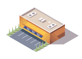 Isometric supermarket or grocery store building. Vector isometric icon or infographic element representing mall building with parking lot. 3D shop market for city infrastructure