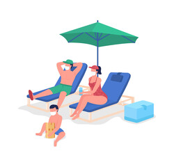 Post-pandemic family vacation flat color vector faceless characters. Parents and kid relaxing on beach. Traveling during pandemic isolated cartoon illustration for web graphic design and animation