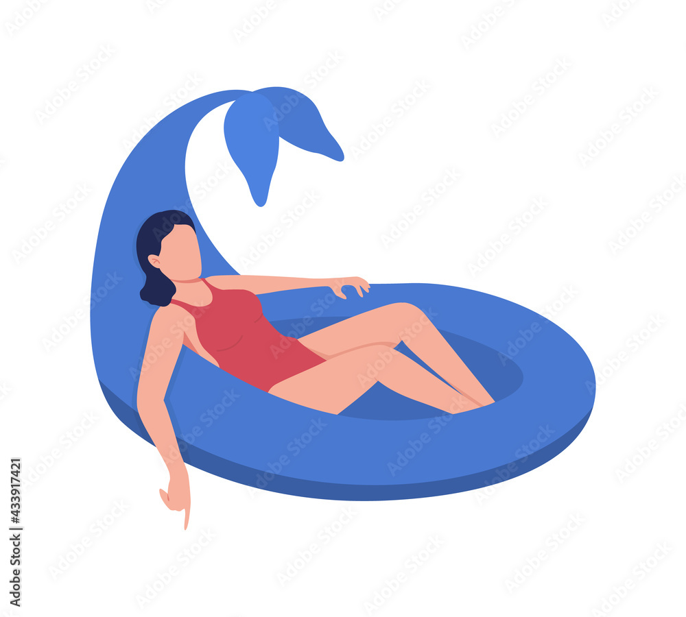 Poster swimming with dolphin pool float flat color vector faceless character. water-related activity. safet