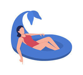 Swimming with dolphin pool float flat color vector faceless character. Water-related activity. Safety device swimmer beginner isolated cartoon illustration for web graphic design and animation