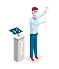 Medicine researcher isometric. Doctor considers the results of research. Isometric vector illustration kit with people character