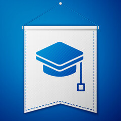Blue Graduation cap icon isolated on blue background. Graduation hat with tassel icon. White pennant template. Vector