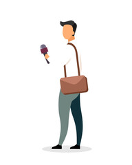Journalist flat color vector faceless character. Conducting interview. Media reporting. Reportage. Man with microphone isolated cartoon illustration for web graphic design and animation
