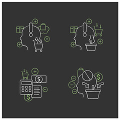 Mindful spendings chalk icons set. Bugeting, conscious consumption. Buying fewer concepts. Isolated vector illustrations on chalkboard