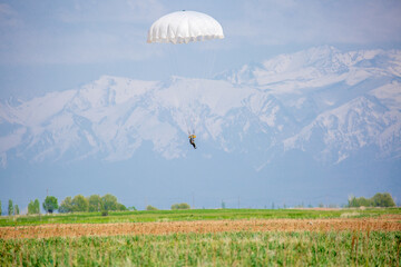 Skydiving. Flying parachutists against the background of the blue sky and mountains. Extreme sport...