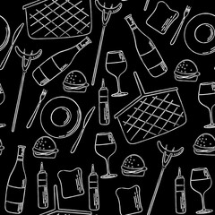 Vector seamless pattern of barbecue, barbecue, grill. Picnic hand-drawn with chalk on a black board. Collection of barbecue tools for cafe © Katisko