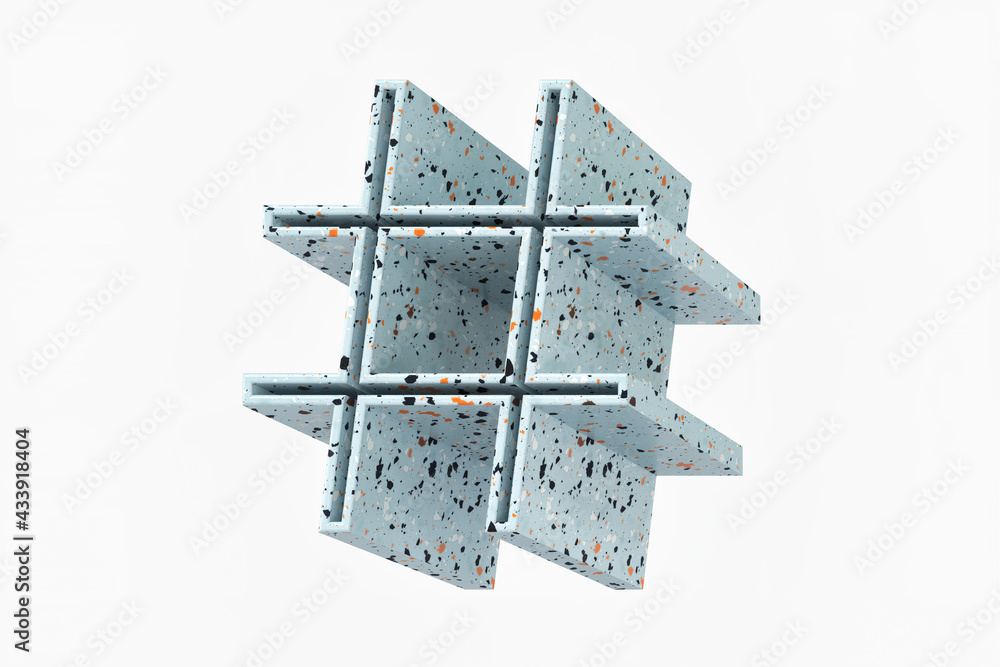 Poster 3d hashtag sign solid shadow design. light blue terrazzo style pattern. high definition 3d rendering