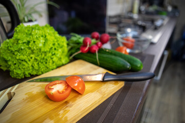 overhead top view of kitchen cook table with vegetables