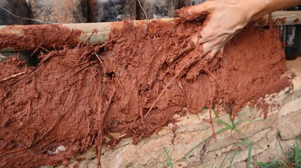 Clay wall with natural materials in an agroecological farm, a person is building a clay construction with his hands, using bamboo and old glass bottles as a recycling material