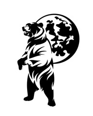 rearing up wild bear and full moon sphere black and white vector outline design
