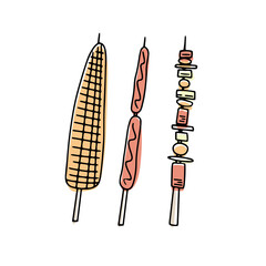 Hand drawn doodle barbecue grill isolated on white background kebabs. For the design of the menu of cafes and restaurants, showcases related to the theme of grilled dishes. © Katisko