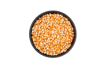 Canned corn in the white background isolated with clipping path. Seed dry food set in the bowl food agriculture canned with top view macro natural vegetable and grains healthy uncooked raw.