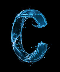 Latin letter C made of water splashes on a black background
