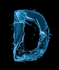 Latin letter D made of water splashes on a black background