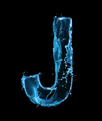 Latin letter J made of water splashes on a black background