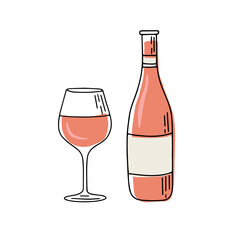 Hand drawn doodle barbecue grill isolated on white background wine bottle, glass. For the design of the menu of cafes and restaurants, showcases related to the theme of grilled dishes. © Katisko