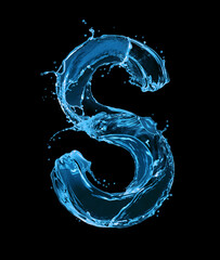 Latin letter S made of water splashes on a black background