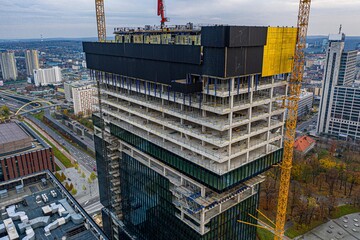 Aerial drone view on skyscraper construction in Katowice, Silesia, Poland