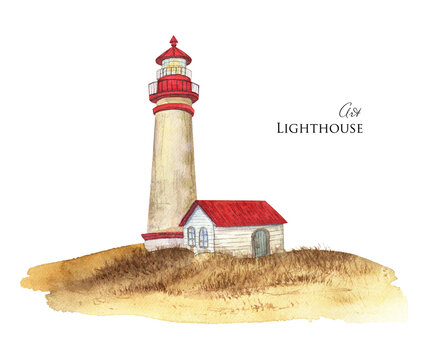 Watercolor lighthouse sketch. Red roof lighthouse.