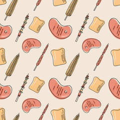 Vector seamless pattern of barbecue, barbecue, grill. Picnic in flat cartoon style. Collection of barbecue tools for cafe © Katisko